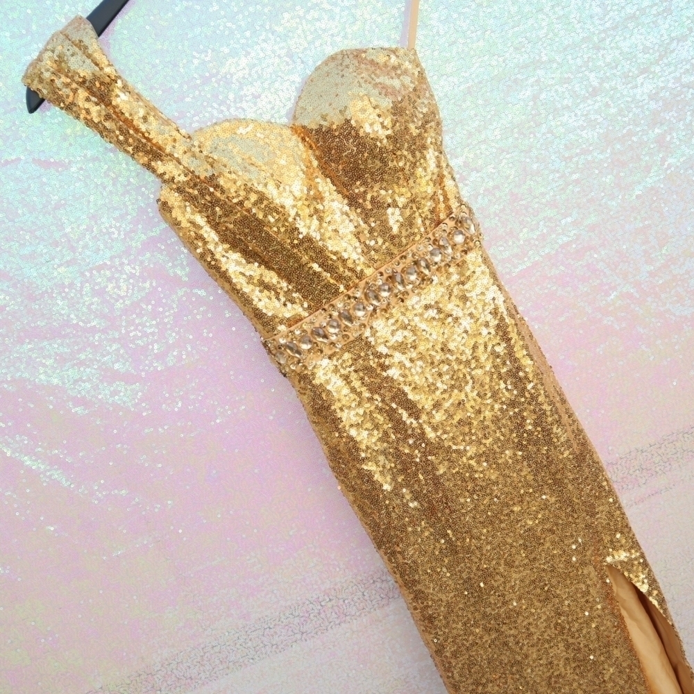 GOLD PAGEANT DRESS W/ TRAIN 5XS Red Carpet Gala White Tie Party Bridal Gown - Picture 5 of 8